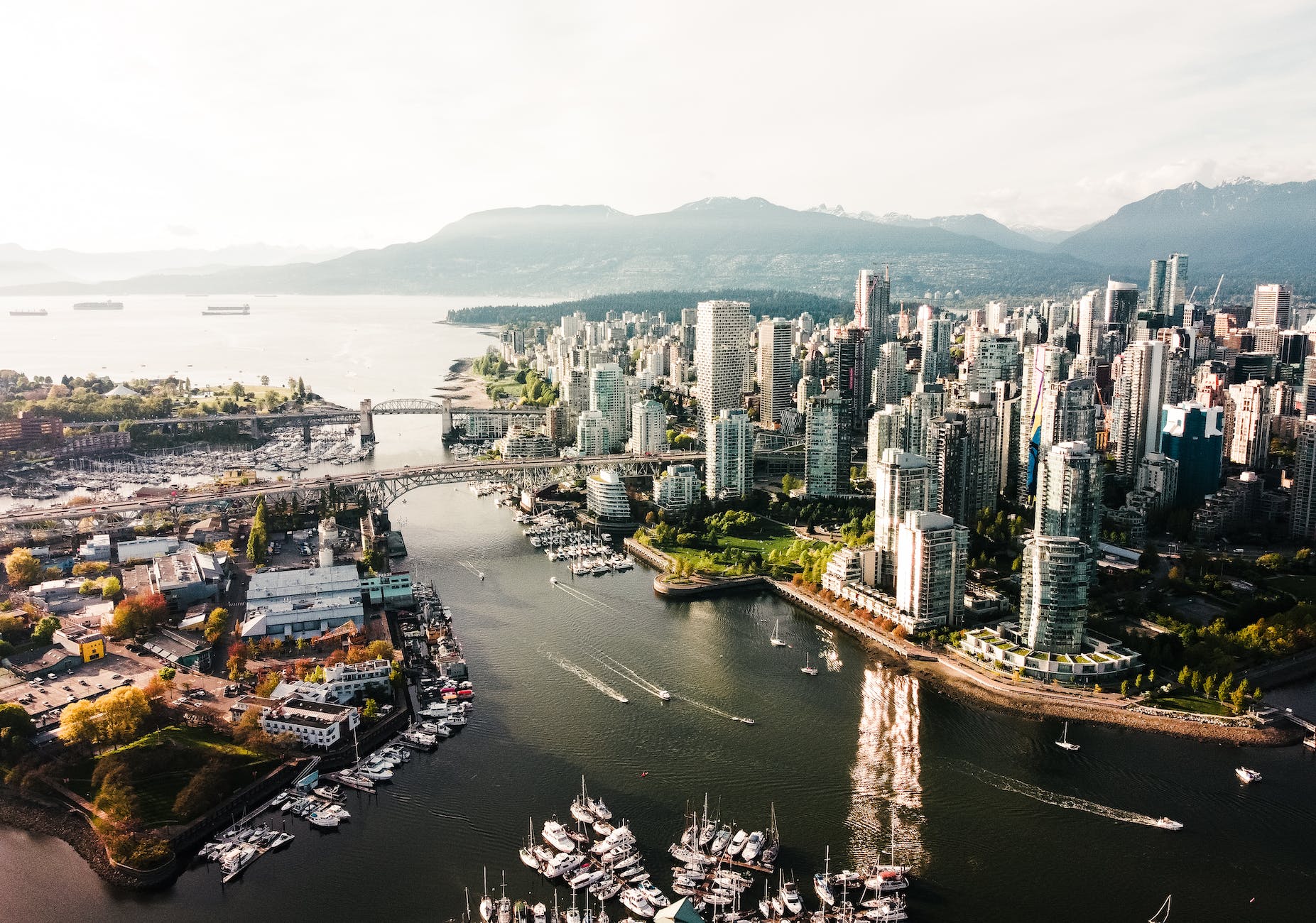 aerial shot of big city with tall buildings